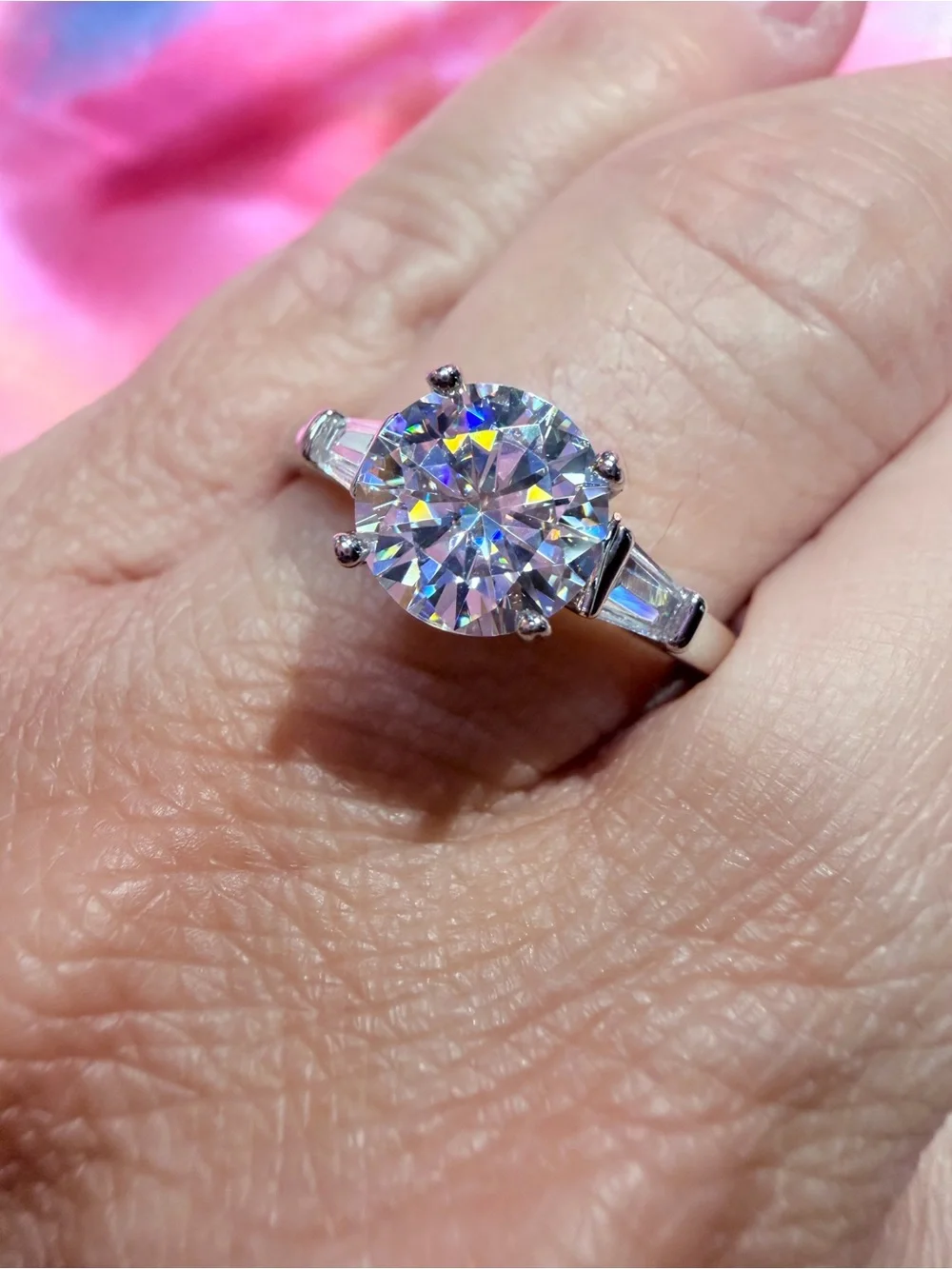 New 2 Carat Moissanite 18K Overlay Baguette and Round 3 Stone Engagement Ring